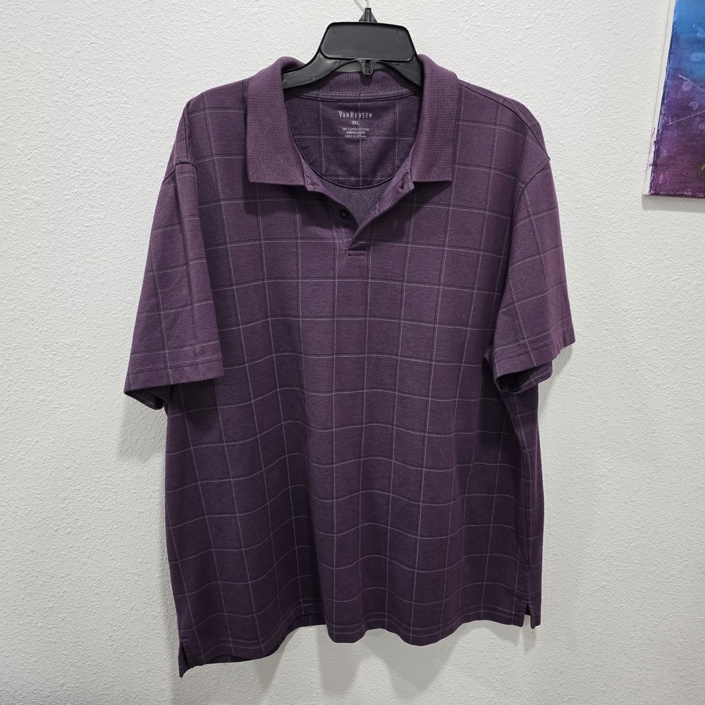 Van Heusen Men's XXL Polo Shirt Purple Plaid Check Short Sleeve Cotton Blend